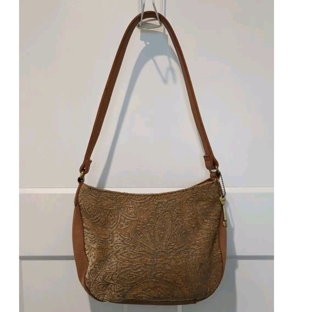 Fossil Chenille Beige Tapestry And Luggage Brown Leather Shoulder Bag Small
